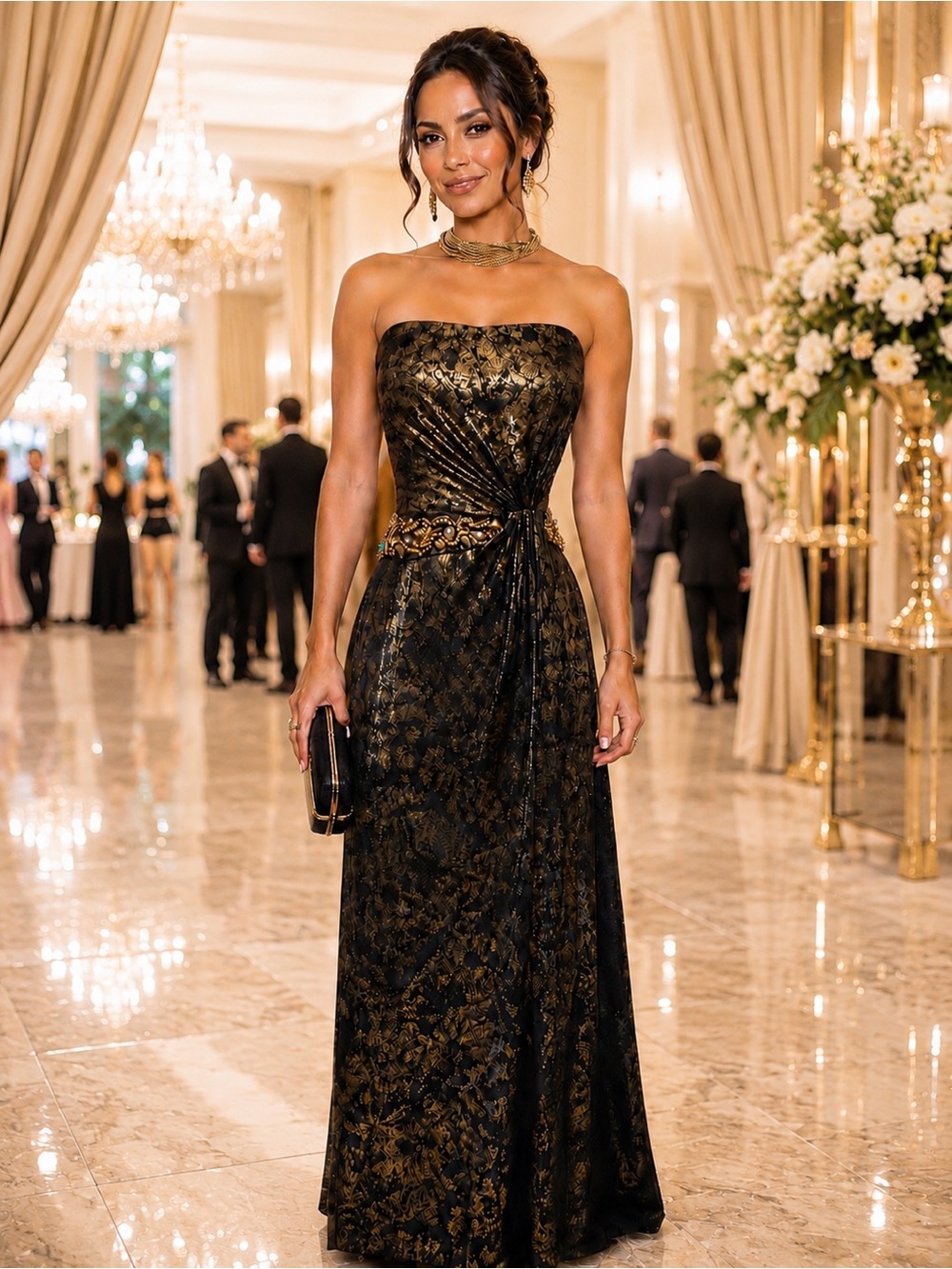 CACHET Women's Strapless Black & Gold Marble Metallic Evening Gown 16